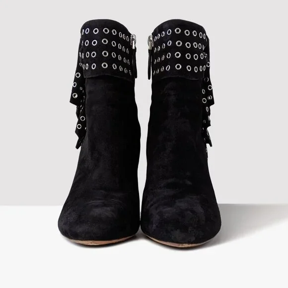 Alaïa Black Suede Grommet Embellished Ruffled Ankle Boots | Size 38.5 - Picture 12 of 16